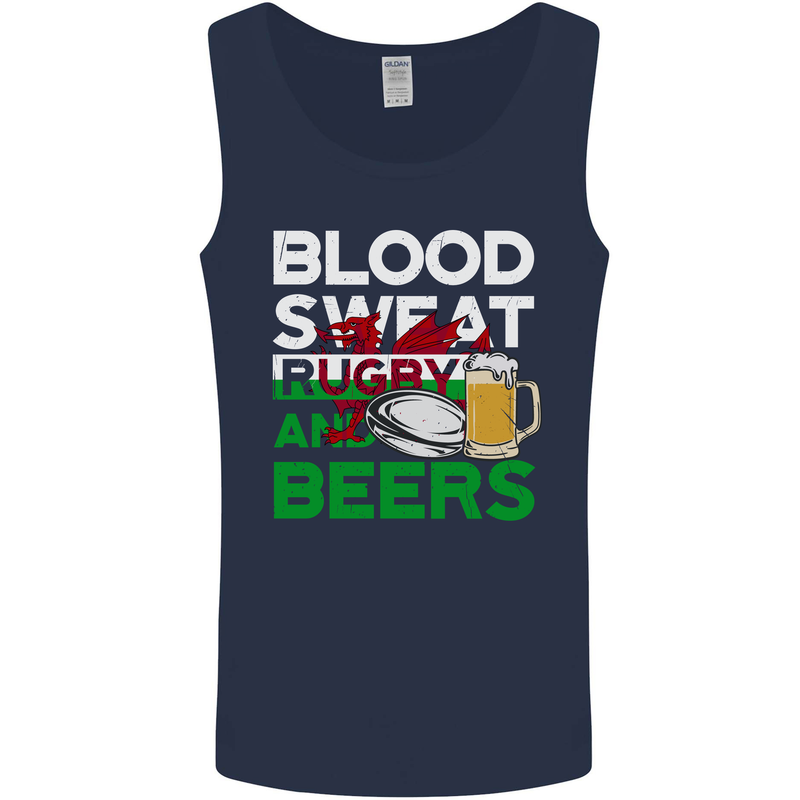 Blood Sweat Rugby and Beers Wales Funny Mens Vest Tank Top Navy Blue