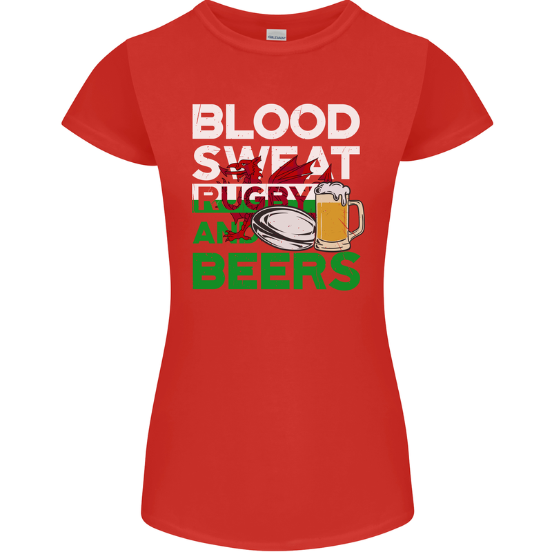 Blood Sweat Rugby and Beers Wales Funny Womens Petite Cut T-Shirt Red
