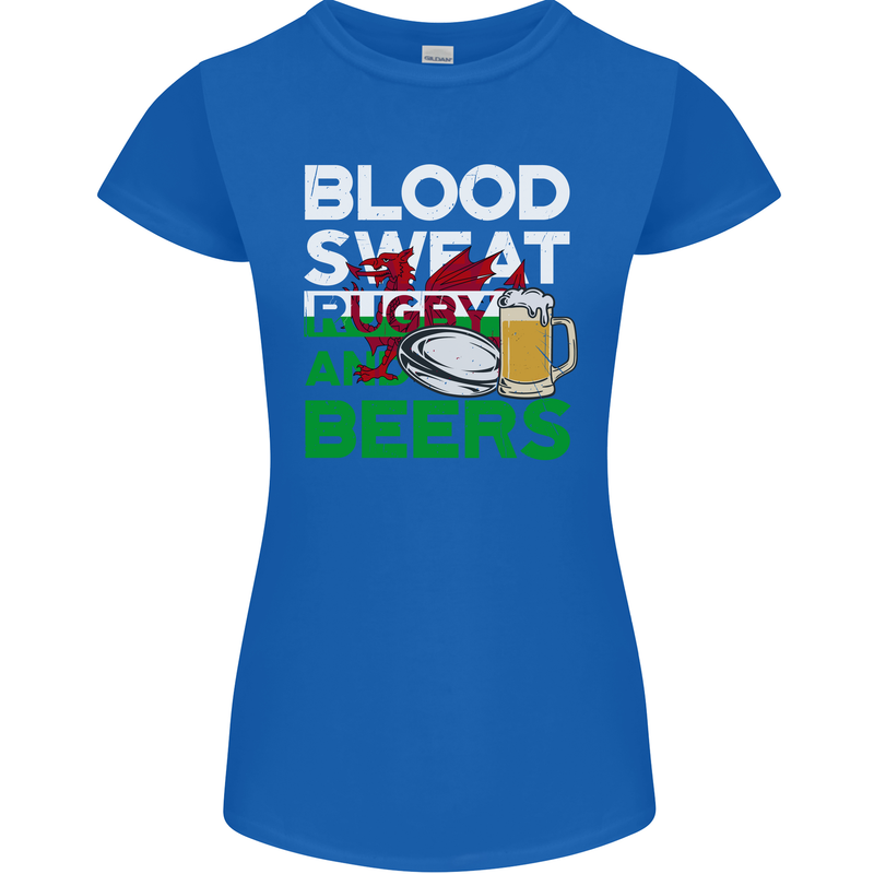 Blood Sweat Rugby and Beers Wales Funny Womens Petite Cut T-Shirt Royal Blue