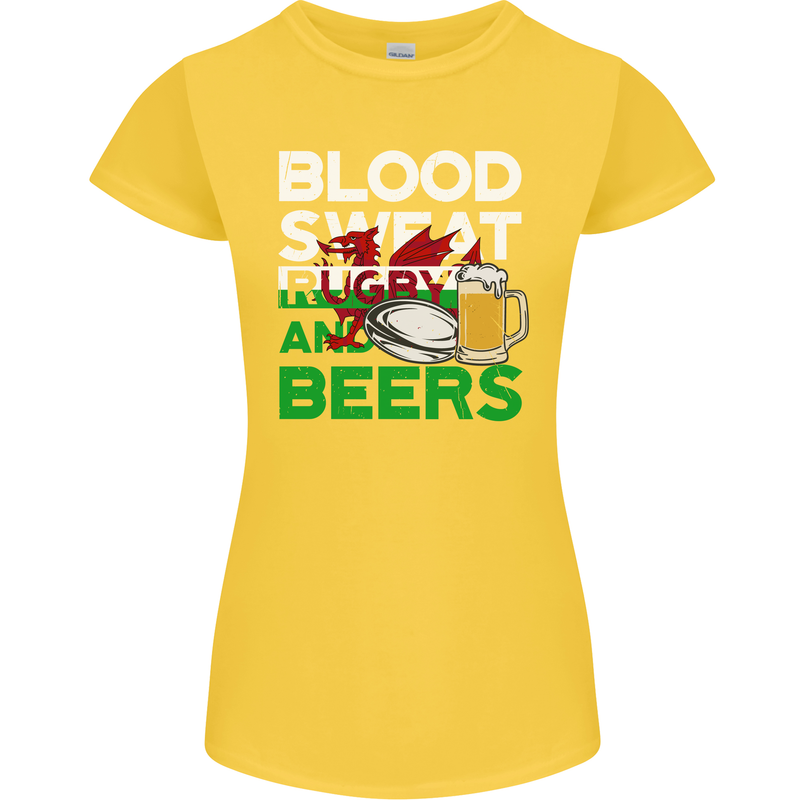 Blood Sweat Rugby and Beers Wales Funny Womens Petite Cut T-Shirt Yellow