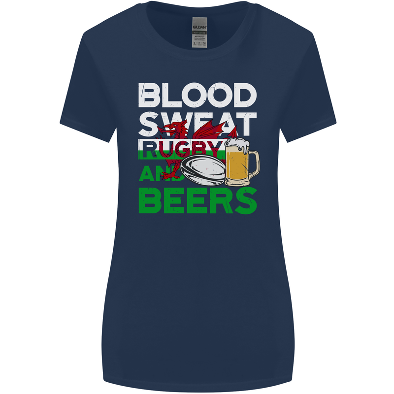 Blood Sweat Rugby and Beers Wales Funny Womens Wider Cut T-Shirt Navy Blue