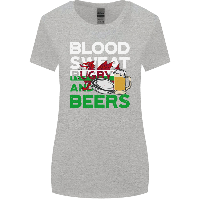 Blood Sweat Rugby and Beers Wales Funny Womens Wider Cut T-Shirt Sports Grey