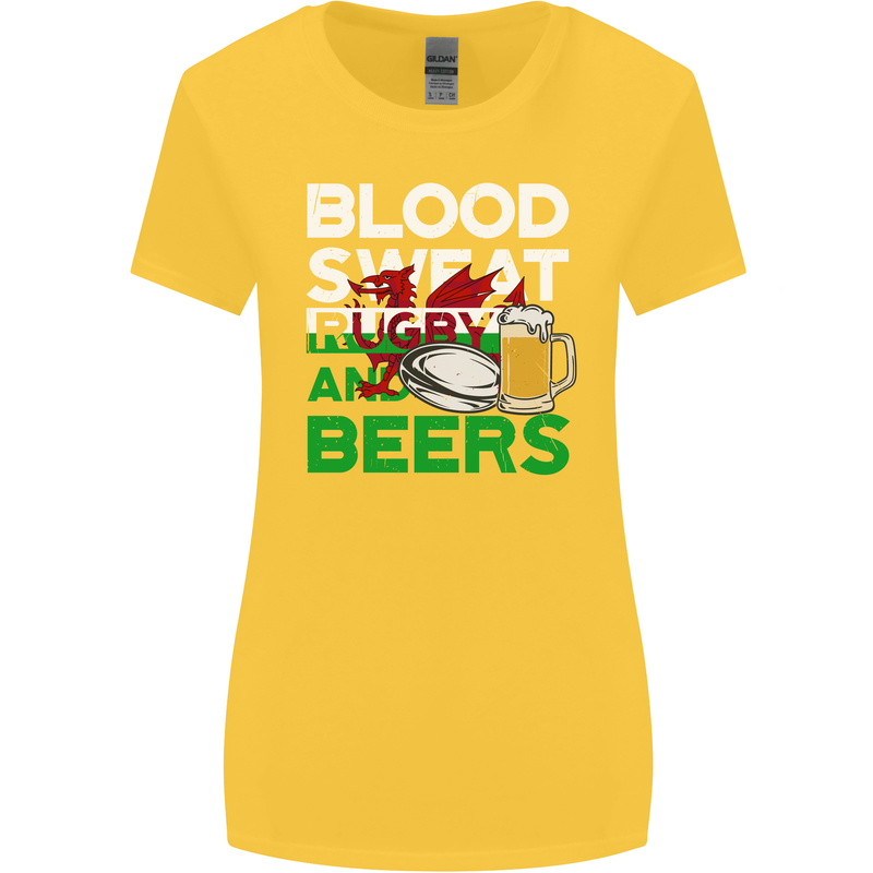 Blood Sweat Rugby and Beers Wales Funny Womens Wider Cut T-Shirt Yellow