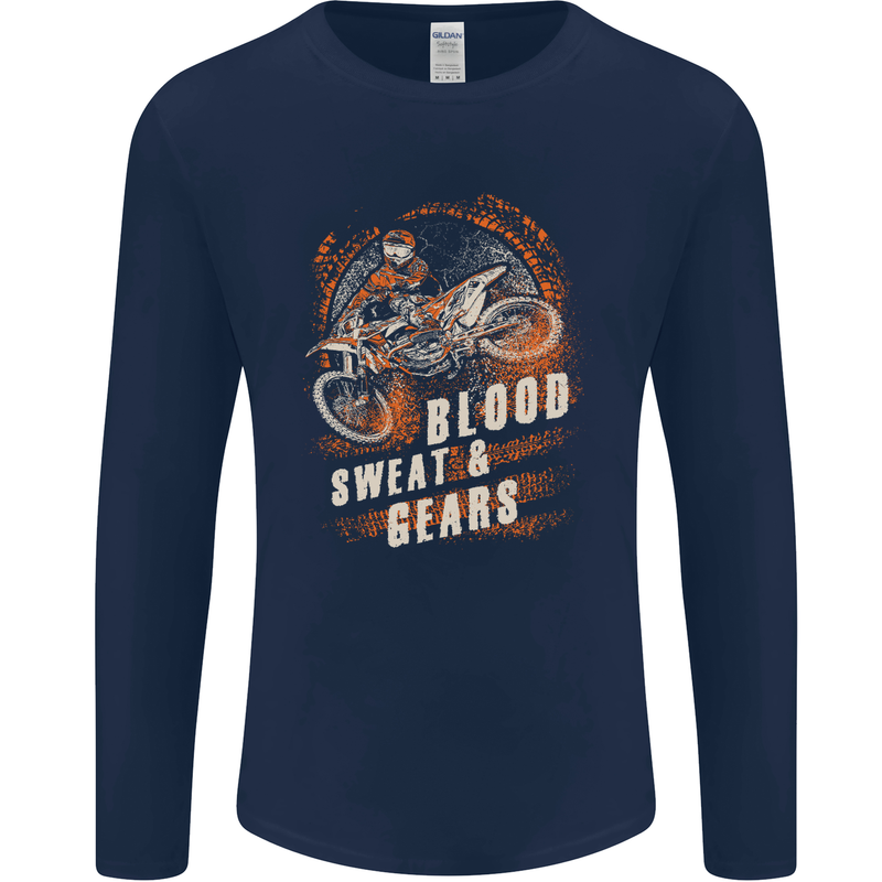Blood Sweat and Gears Motocross Dirt Bike Mens Long Sleeve T-Shirt Navy Blue