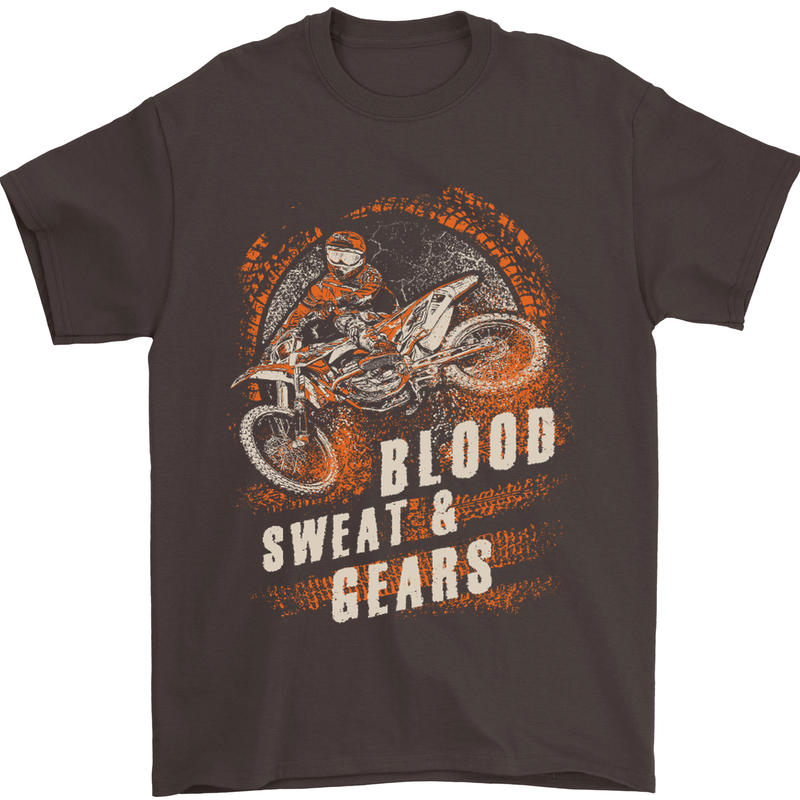 Blood Sweat and Gears Motocross Dirt Bike Mens T-Shirt Cotton Gildan Dark Chocolate