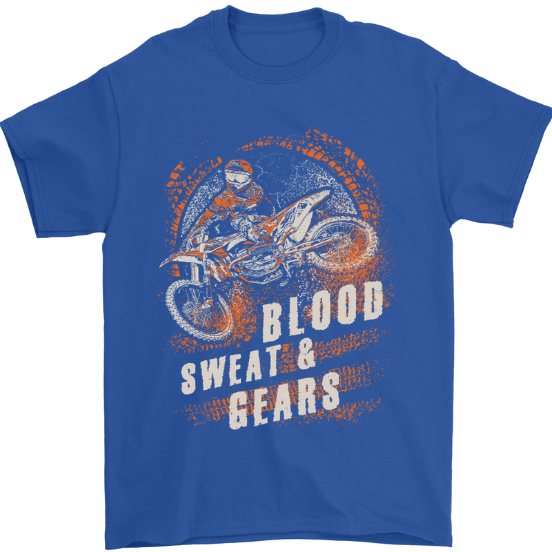 Blood Sweat and Gears Motocross Dirt Bike Mens T-Shirt Cotton Gildan Royal Blue
