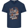 Blood Sweat and Gears Motocross Dirt Bike Mens V-Neck Cotton T-Shirt Navy Blue