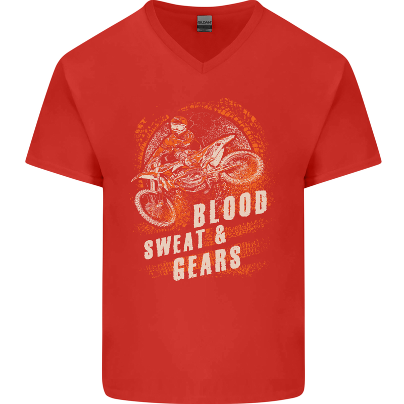 Blood Sweat and Gears Motocross Dirt Bike Mens V-Neck Cotton T-Shirt Red
