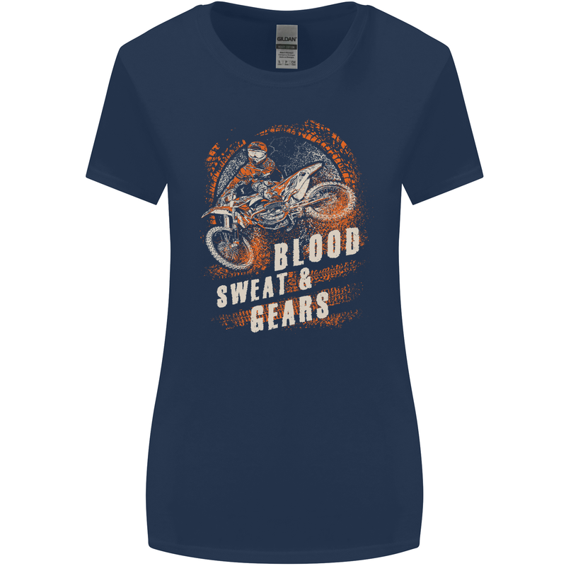 Blood Sweat and Gears Motocross Dirt Bike Womens Wider Cut T-Shirt Navy Blue