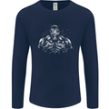 Bodybuilder Gym Training Top Bodybuilding Mens Long Sleeve T-Shirt Navy Blue