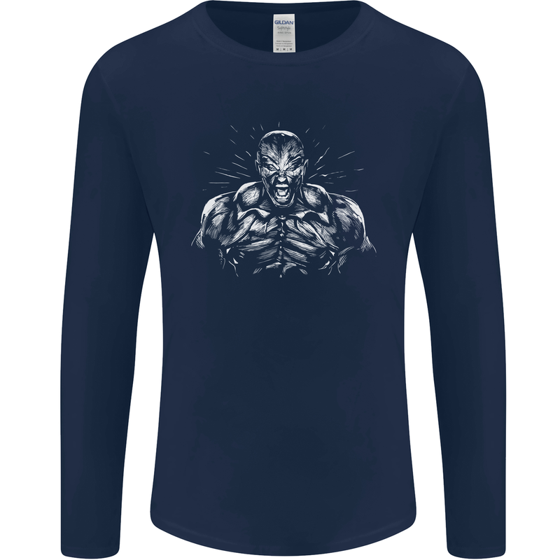 Bodybuilder Gym Training Top Bodybuilding Mens Long Sleeve T-Shirt Navy Blue