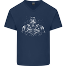 Bodybuilder Gym Training Top Bodybuilding Mens V-Neck Cotton T-Shirt Navy Blue