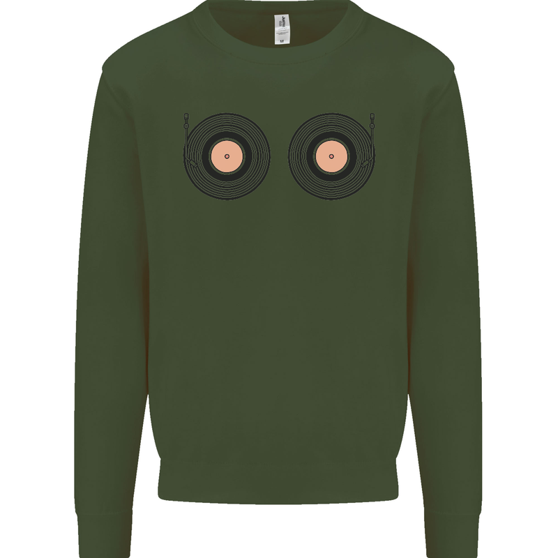 Boob Decks DJ DJing Funny Turntable Vinyl Kids Sweatshirt Jumper Forest Green