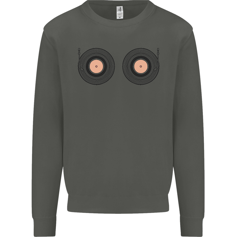 Boob Decks DJ DJing Funny Turntable Vinyl Kids Sweatshirt Jumper Storm Grey