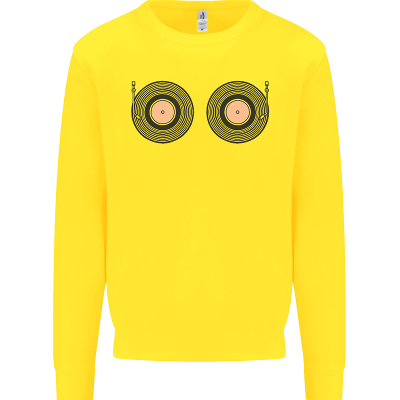 Boob Decks DJ DJing Funny Turntable Vinyl Kids Sweatshirt Jumper Yellow