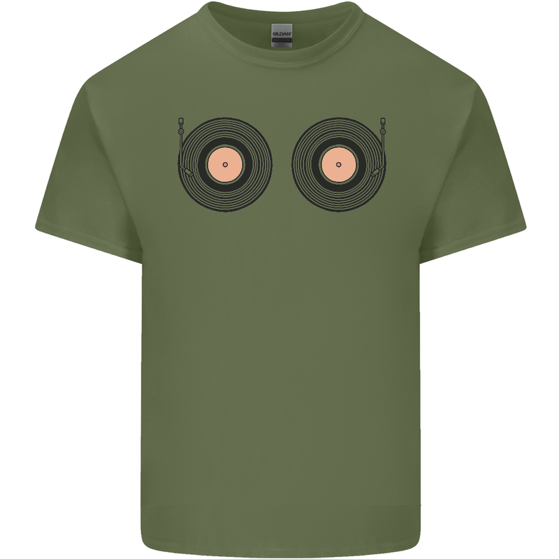 Boob Decks DJ DJing Funny Turntable Vinyl Mens Cotton T-Shirt Tee Top Military Green