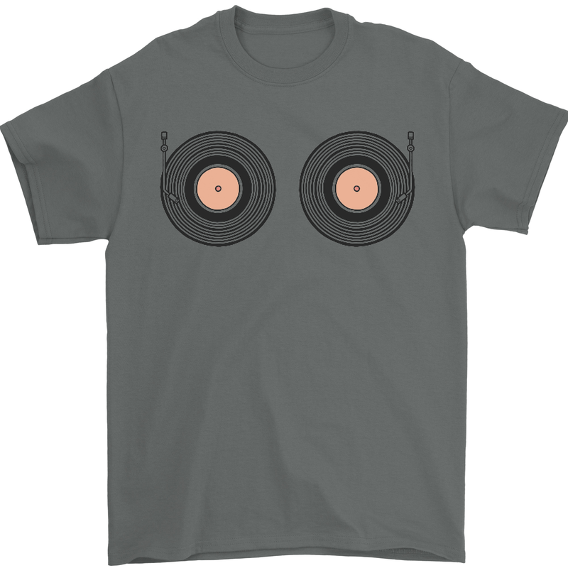 Boob Decks DJ DJing Funny Turntable Vinyl Mens T-Shirt Cotton Gildan Charcoal