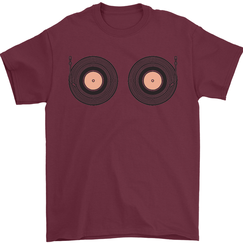 Boob Decks DJ DJing Funny Turntable Vinyl Mens T-Shirt Cotton Gildan Maroon