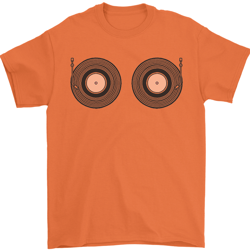 Boob Decks DJ DJing Funny Turntable Vinyl Mens T-Shirt Cotton Gildan Orange