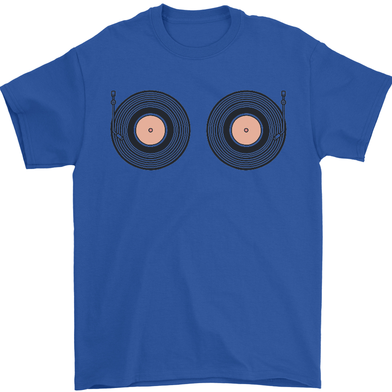 Boob Decks DJ DJing Funny Turntable Vinyl Mens T-Shirt Cotton Gildan Royal Blue