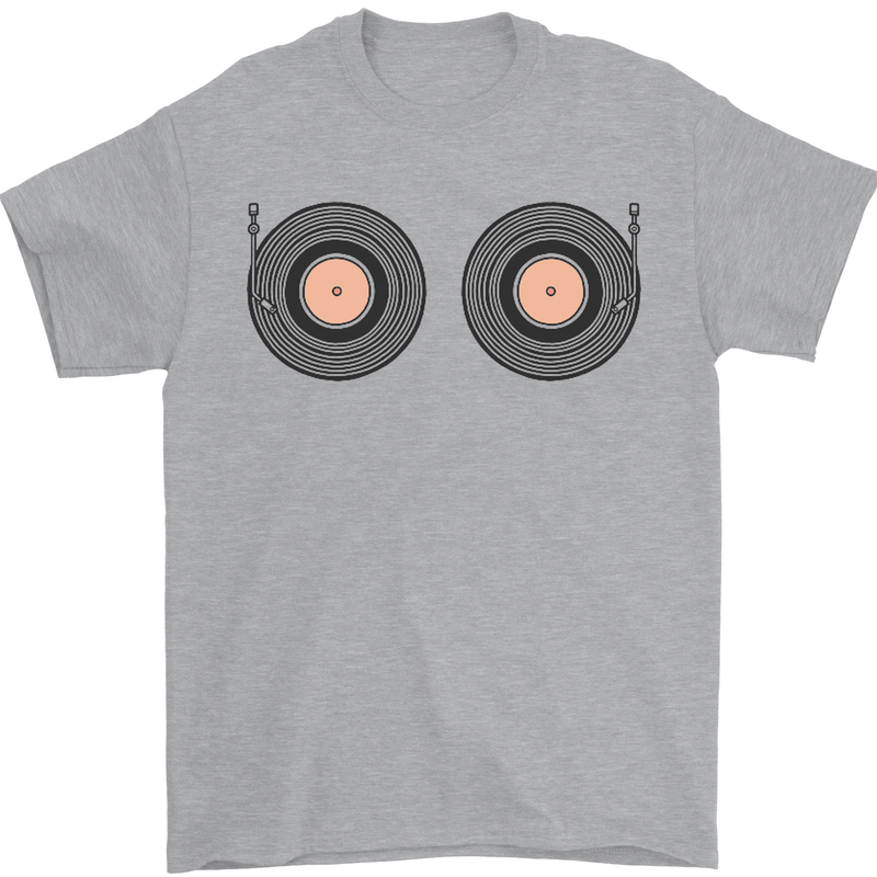 Boob Decks DJ DJing Funny Turntable Vinyl Mens T-Shirt Cotton Gildan Sports Grey