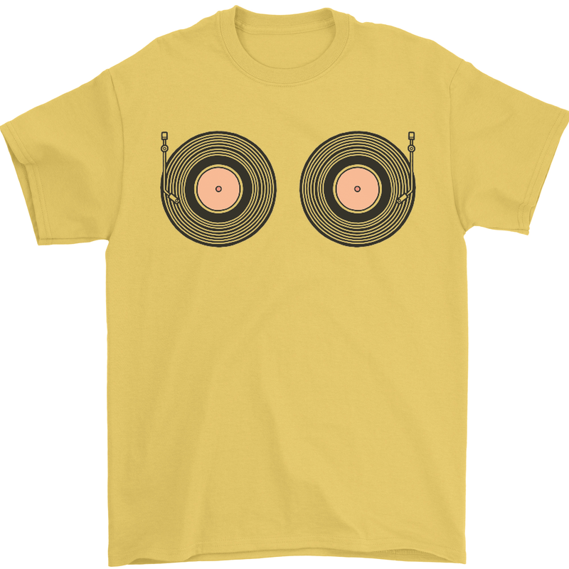 Boob Decks DJ DJing Funny Turntable Vinyl Mens T-Shirt Cotton Gildan Yellow