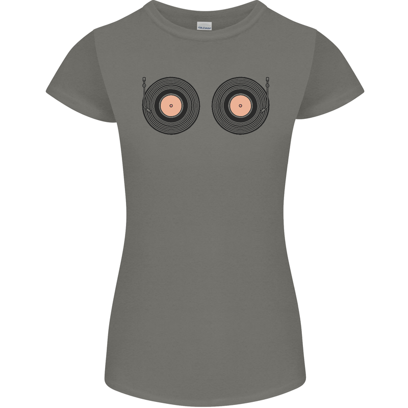 Boob Decks DJ DJing Funny Turntable Vinyl Womens Petite Cut T-Shirt Charcoal