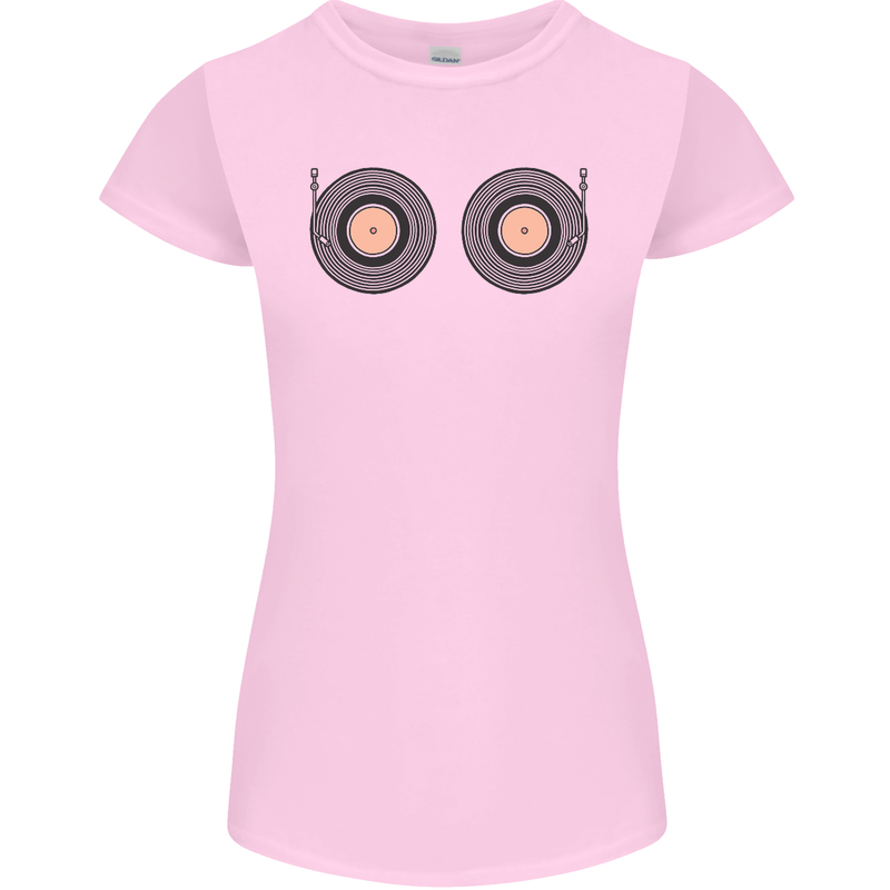 Boob Decks DJ DJing Funny Turntable Vinyl Womens Petite Cut T-Shirt Light Pink