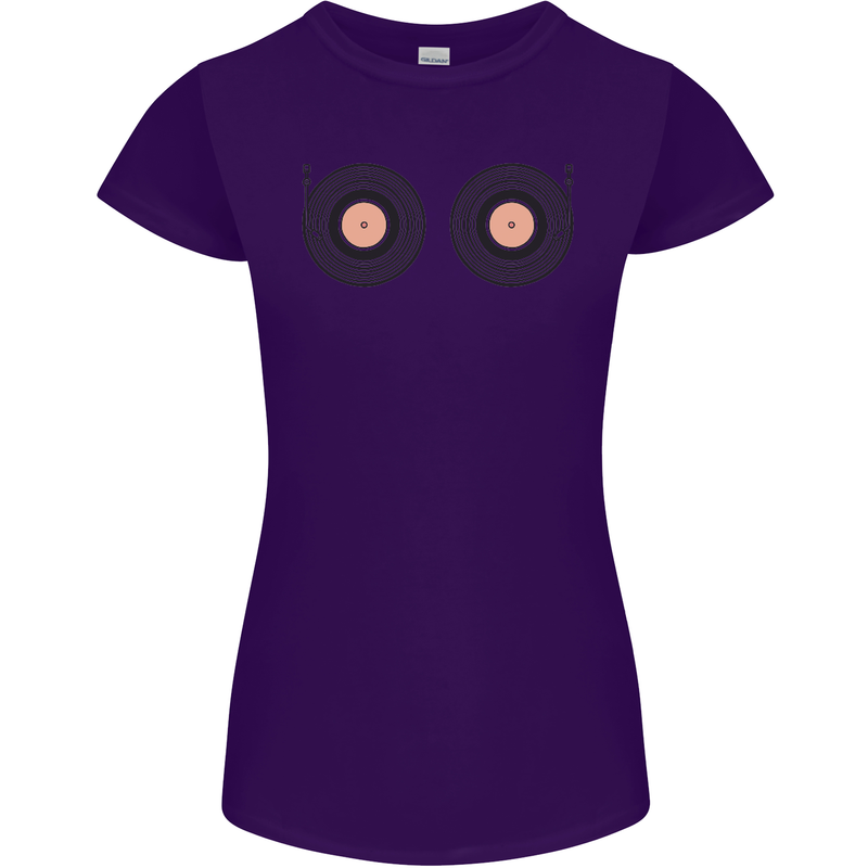 Boob Decks DJ DJing Funny Turntable Vinyl Womens Petite Cut T-Shirt Purple