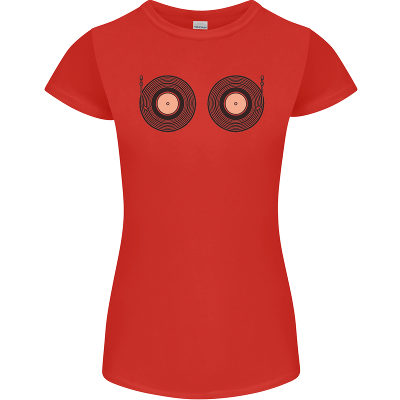Boob Decks DJ DJing Funny Turntable Vinyl Womens Petite Cut T-Shirt Red