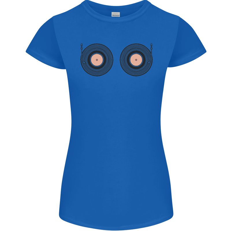 Boob Decks DJ DJing Funny Turntable Vinyl Womens Petite Cut T-Shirt Royal Blue