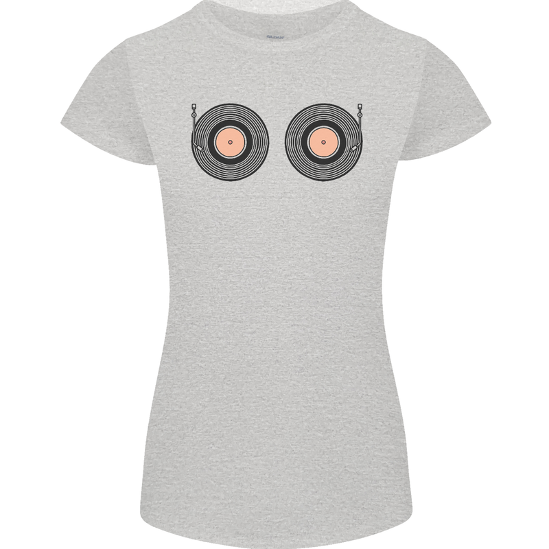 Boob Decks DJ DJing Funny Turntable Vinyl Womens Petite Cut T-Shirt Sports Grey