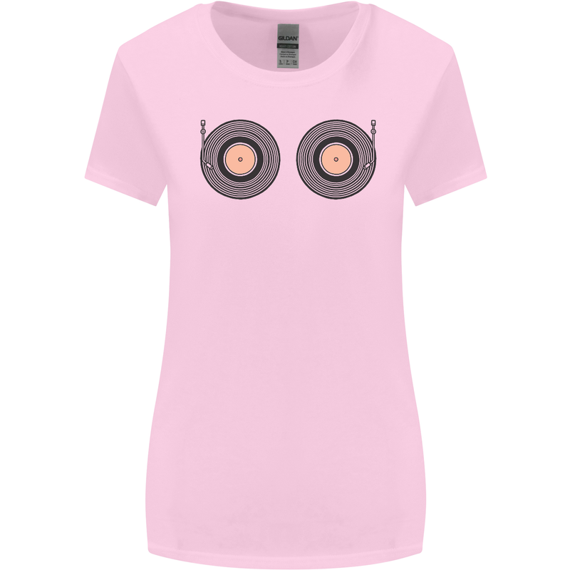Boob Decks DJ DJing Funny Turntable Vinyl Womens Wider Cut T-Shirt Light Pink