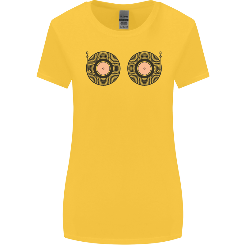 Boob Decks DJ DJing Funny Turntable Vinyl Womens Wider Cut T-Shirt Yellow