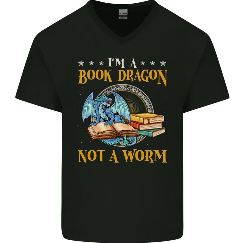 Book Dragon Funny Booklover Reader Worm Mens V-Neck Cotton T-Shirt Black