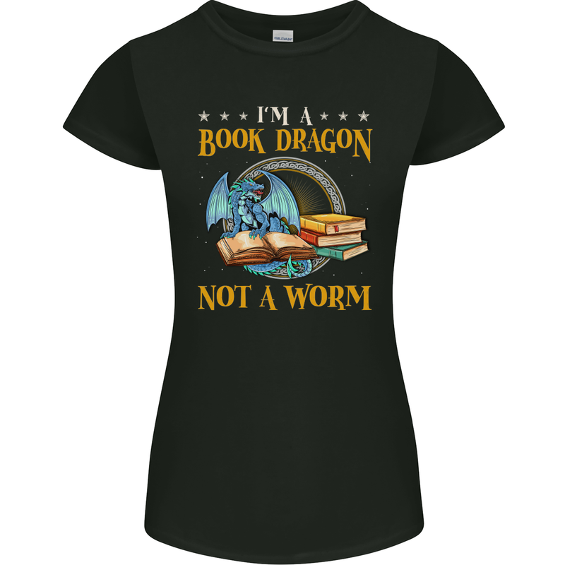 Book Dragon Funny Booklover Reader Worm Womens Petite Cut T-Shirt Black