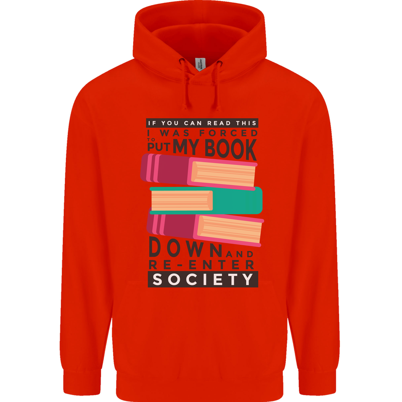 Book Reading Re-Enter Society Funny Mens 80% Cotton Hoodie Bright Red