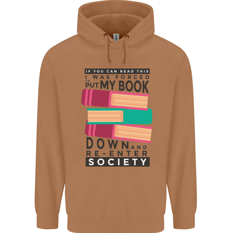 Book Reading Re-Enter Society Funny Mens 80% Cotton Hoodie Caramel Latte