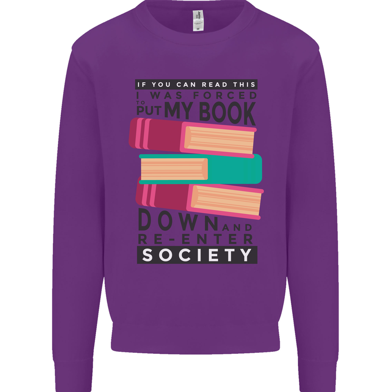 Book Reading Re-Enter Society Funny Mens Sweatshirt Jumper Purple