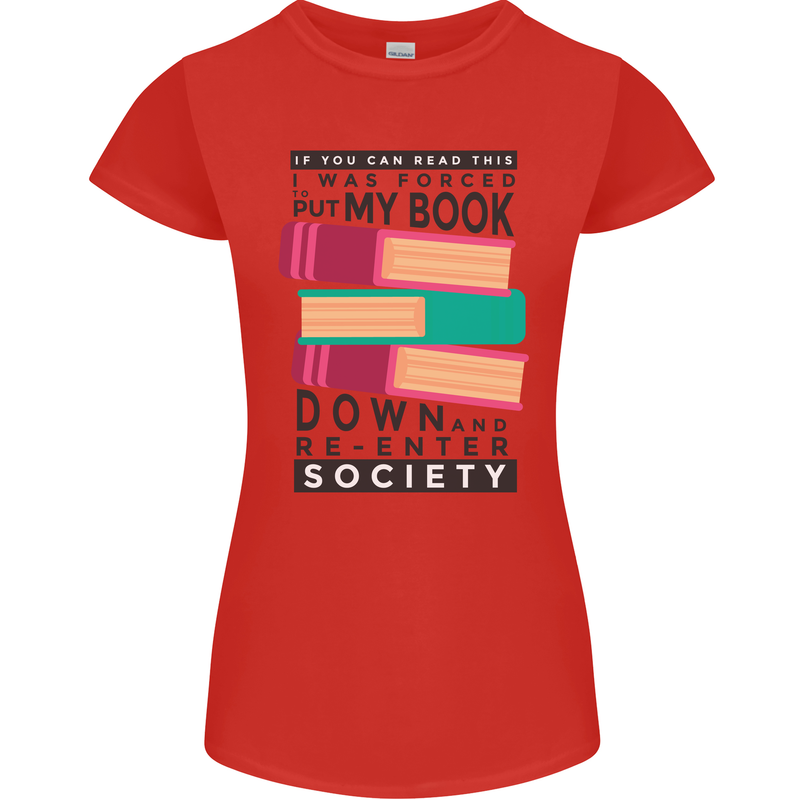 Book Reading Re-Enter Society Funny Womens Petite Cut T-Shirt Red