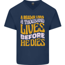 Bookworm Reading a Reader Dies Funny Mens V-Neck Cotton T-Shirt Navy Blue