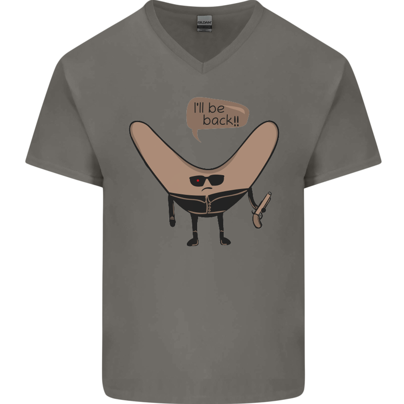 Boomerang Ill Be Back Funny Movie Parody Mens V-Neck Cotton T-Shirt Charcoal