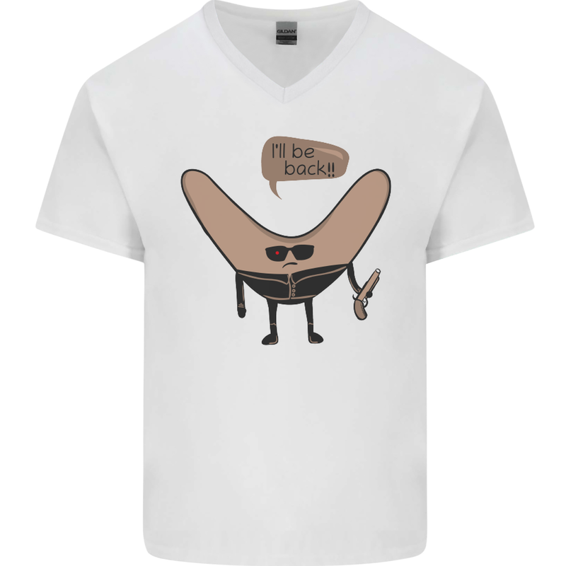 Boomerang Ill Be Back Funny Movie Parody Mens V-Neck Cotton T-Shirt White