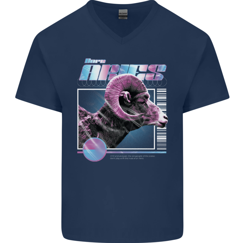 Born Aries Birthday Star Sign Mens V-Neck Cotton T-Shirt Navy Blue