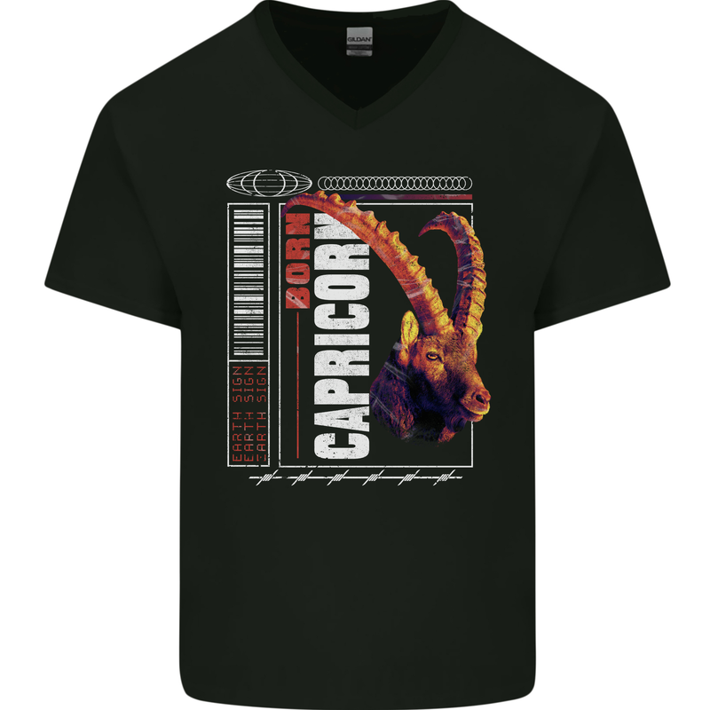 Born Capricorn Birthday Star Sign Mens V-Neck Cotton T-Shirt Black