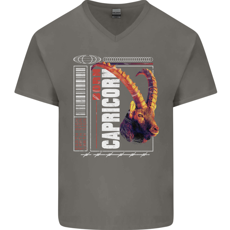 Born Capricorn Birthday Star Sign Mens V-Neck Cotton T-Shirt Charcoal