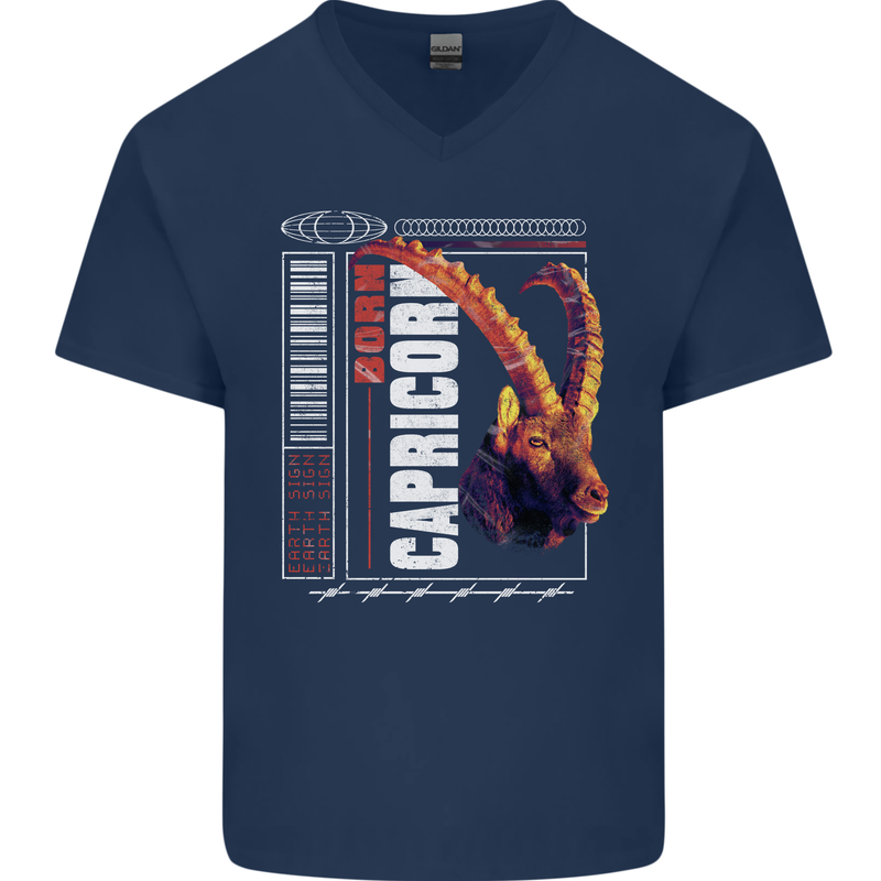 Born Capricorn Birthday Star Sign Mens V-Neck Cotton T-Shirt Navy Blue