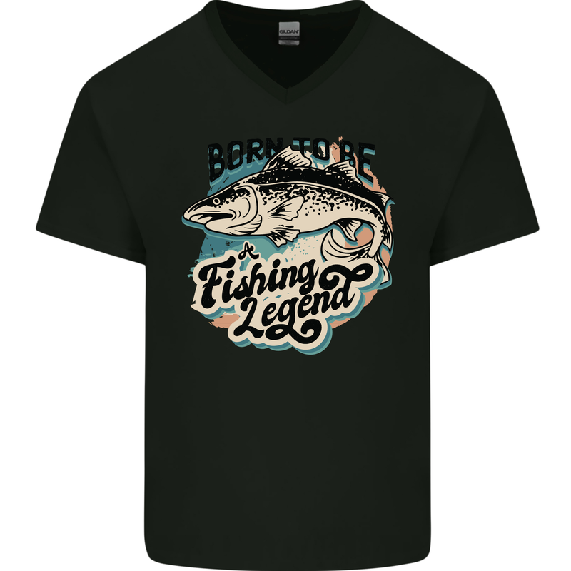 Born to Be a Fishing Legend Fisherman Mens V-Neck Cotton T-Shirt Black