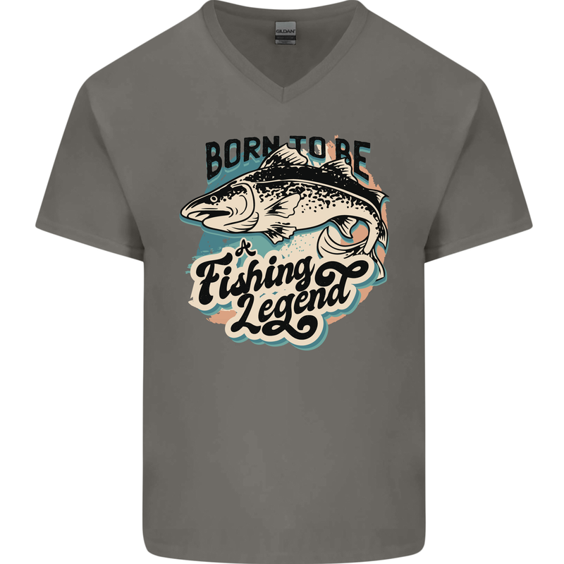 Born to Be a Fishing Legend Fisherman Mens V-Neck Cotton T-Shirt Charcoal