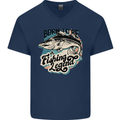 Born to Be a Fishing Legend Fisherman Mens V-Neck Cotton T-Shirt Navy Blue